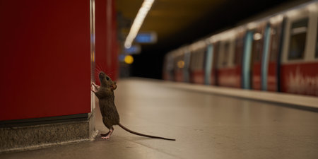 Small brown mouse standing on hind legs, exploring a red pillar on a subway station platform with a blurred train waiting in the background, showing urban wildlifeの素材