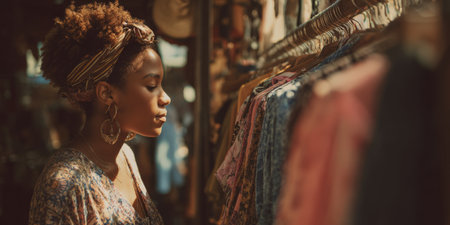 African american woman wearing a headscarf browsing through a rack of diverse vintage clothing on display, her expression thoughtful in the warm market lightの素材