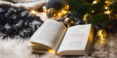 Open book resting on soft faux fur blankets with golden christmas ornaments and glowing string lights for a warm and relaxing winter holiday atmosphereの素材