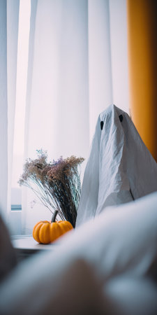 Sheet ghost with cutout eyes beside a small orange pumpkin and dried flowers on a windowsill, creating a cozy, minimal autumn halloween still life sceneの素材