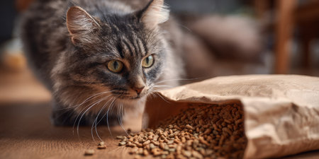 Tabby cat intently watches dry kibble spilled from an open brown paper bag on a wooden floor, ready to eat its meal with focused anticipation in a cozy indoor settingの素材