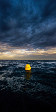 Yellow buoy bobbing on dark, turbulent ocean waves under a moody, overcast sky, representing themes of isolation, guidance, resilience, and remote navigation in a vast marine environmentの素材