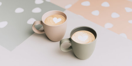 Two pastel-colored mugs of coffee featuring delicate heart latte art, symbolizing love and connection, resting on a contemporary background with subtle heart patternsの素材