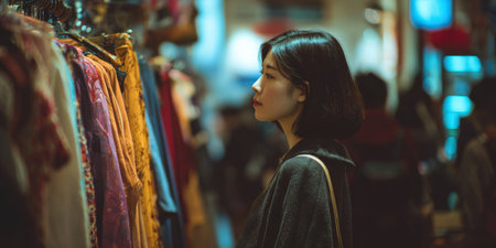 Young asian woman shopping for bohemian clothing in a bustling outdoor night market, attentively looking at colorful garment options hanging on a display rackの素材