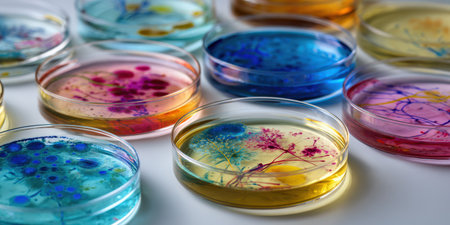 Petri dishes holding vibrant liquid cultures with colorful bacteria and scientific samples, representing laboratory research, microbiology, and pharmaceutical developmentの素材