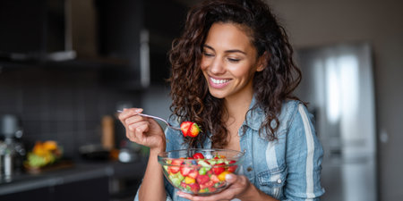 Smiling young woman enjoying a bowl of colorful fruit salad in her modern kitchen, embracing healthy eating and a balanced lifestyle for wellness and vitalityの素材