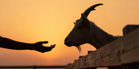 Human hand extending an open palm towards a goat peering over a wooden fence, symbolizing trust, connection, and care for farm animals during a warm evening feeding ritualの素材