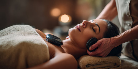 Woman lying eyes closed on treatment table, enjoying soothing hot stone massage across face and chest in a tranquil spa setting for relaxation and rejuvenationの素材