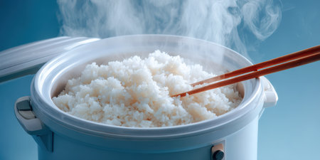 Hot short-grain rice steaming in an open electric rice cooker, wooden chopsticks resting on top, fresh fluffy white grains ready as a warm asian staple mealの素材