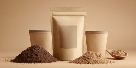 Kraft paper packaging mockups featuring a stand-up pouch, two disposable cups, and piles of protein powder or cocoa powder, offering space for custom branding on a neutral backgroundの素材