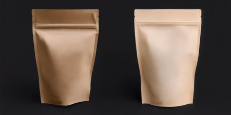 Two unlabeled brown kraft paper stand up pouches with ziplock closures presenting retail product packaging design templates against a dark background, ready for customizationの素材