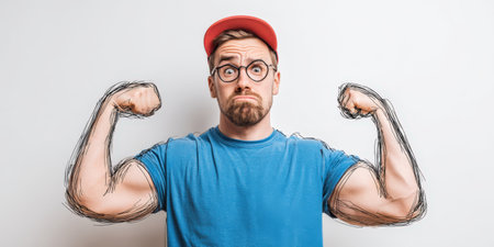Young man wearing a red cap and glasses standing against a white background, flexing his arms with exaggerated, hand-drawn biceps illustrating a concept of perceived strength or humorの素材