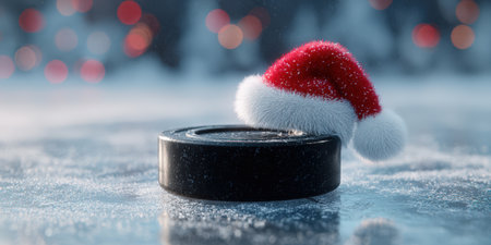 Hockey puck receiving a festive santa claus hat on a cold ice rink surface, presenting holiday sport and winter celebration concepts with blurred background lightsの素材