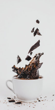 Broken chocolate pieces falling and creating a dynamic splash in a white ceramic mug filled with rich, swirling hot cocoa beverage, symbolizing indulgence and warmthの素材