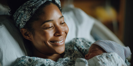 New mother resting in a hospital bed, holding her sleeping newborn against her chest, sharing a tender, hopeful moment of postpartum bonding and gentle recoveryの素材
