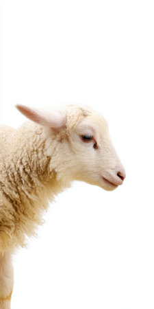 Young lamb head and shoulder portrait showing innocence and purity, standing against a clean white background, highlighting soft wool texture and delicate featuresの素材