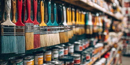 Paint brushes displayed in various colors on a rack above paint cans, showcasing tools for home improvement, renovation, and creative art projects in a retail store settingの素材