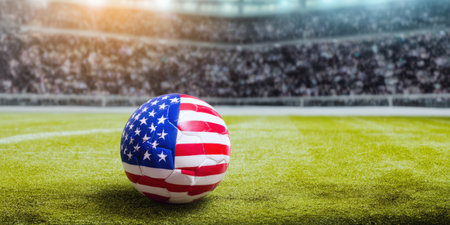 United states flag themed soccer ball resting on a green grass pitch inside a stadium, with blurred spectators filling the stands, representing national pride and competitive sportの素材