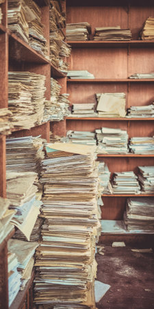 Old paper documents and files piling up on rustic wooden shelves inside a dusty, disorganized archive room, symbolizing bureaucracy, history, and information overloadの素材