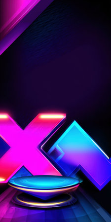 Abstract digital art presenting a vibrant glowing podium platform with geometric shapes and neon lights, creating a modern sci-fi backdrop for product displays or virtual eventsの素材