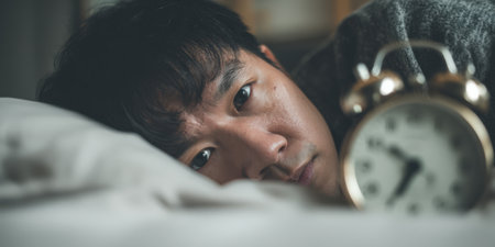 Man lying in bed, experiencing sleeplessness and anxiety from insomnia, looking at an alarm clock during a long night, highlighting sleep disorders and mental health issuesの素材