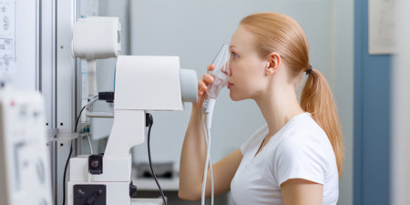 Woman performing a pulmonary function test, breathing through a nebulizer mask connected to a medical device in a clean clinic setting for respiratory health checkupの素材