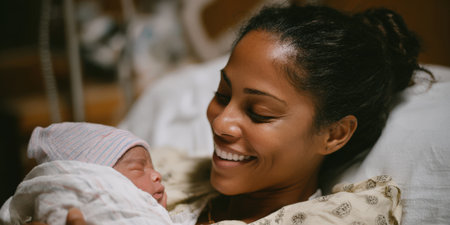 Birthing parent holding her baby in a hospital, sharing a joyful moment and connecting with the infant, representing new life, motherhood, and family bondingの素材