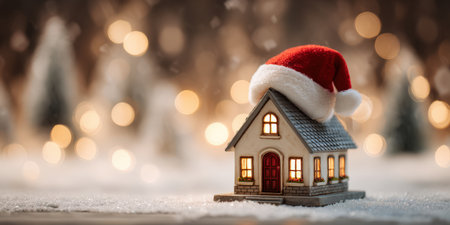 Miniature house with a red santa hat and warm glowing windows, nestled in pristine snow with festive bokeh lights, evoking cozy holiday comfort and homey winter magicの素材