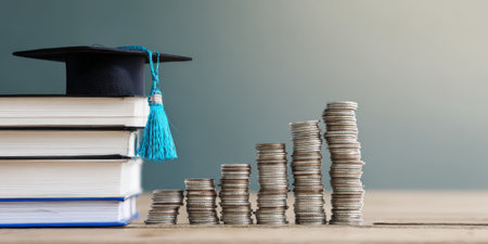 Graduation cap resting on a stack of books alongside increasing coin stacks, representing the rising cost of education, student loan debt, and the financial investment in higher learningの素材