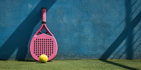 Pink padel racket and yellow padel ball are resting against a textured blue wall on a green artificial turf court, casting long shadows under bright daylight creating a vibrant sporty sceneの素材