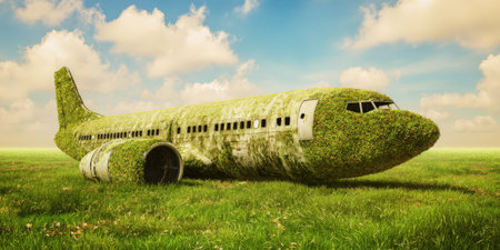 Abandoned passenger airplane body laying in a green grass field, completely covered by climbing green plants and leaves, illustrating nature reclaiming man-made structures and a decaying futureの素材