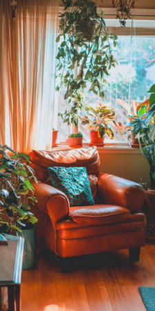 Inviting leather armchair with a decorative cushion creating a comfortable reading nook bathed in warm sunlight, surrounded by lush potted plants and hanging greenery by a windowの素材