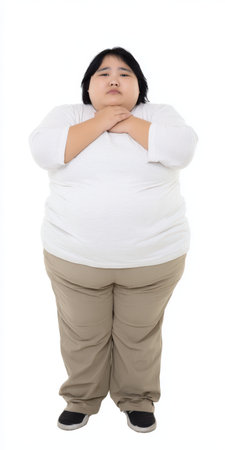 Overweight young asian woman standing in a full frontal studio shot, with her hands clasped under her chin, looking directly into the camera, representing body image concerns and the path to fitnessの素材