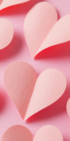 Pink paper hearts with soft folds and textured edges form a delicate romantic background, evoking love, celebration, and tender sentiment for wedding or valentine designsの素材