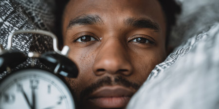 Young african american man lying in bed and looking directly at the viewer, an alarm clock blurred in the foreground, conveying concepts of sleeplessness, morning awakenings, and daily strugglesの素材