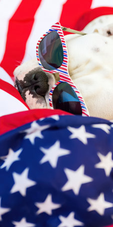 Resting bulldog wearing stylish red, white, and blue sunglasses while casually draped under an american flag, celebrating patriotism and the spirit of american holidays like the 4th of julyの素材