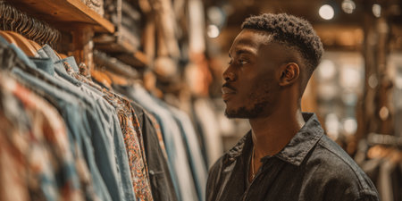 Young black man browsing through various shirts on a rack in a vintage clothing store, carefully considering his choices for new fashion and personal styleの素材