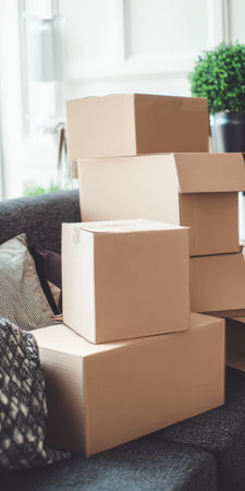 Stacked brown cardboard boxes on a dark sofa and floor in an empty living room, evoking moving day, packing/unpacking, fresh start and new home transition without people presentの素材