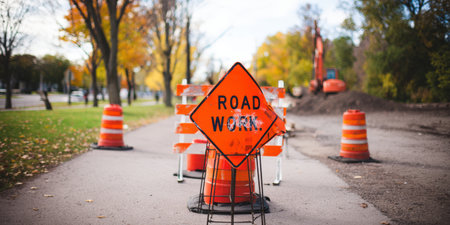 Road work sign and orange traffic cones blocking a path beside a park with autumn foliage, showing an excavator and dirt pile in the background for construction and safetyの素材