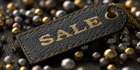 Black leather price tag embossed in gold rests on metallic beads, evoking elegant discounts and exclusive boutique promotions for luxury shopping, sales, and eventsの素材