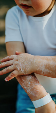 Child's hands and forearm are covered in white, cracked cream, working to soothe and hydrate dry, flaky skin, emphasizing skin care and dermatological treatmentの素材