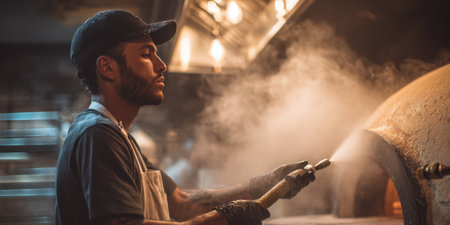 Young man working as a professional baker standing in a commercial kitchen, passionately preparing a traditional brick pizza oven by spraying water creating steam for perfect baking conditionsの素材