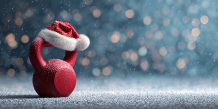 Red kettlebell wearing a santa hat, standing in falling snow with festive bokeh lights in the background, representing holiday fitness and winter workoutsの素材