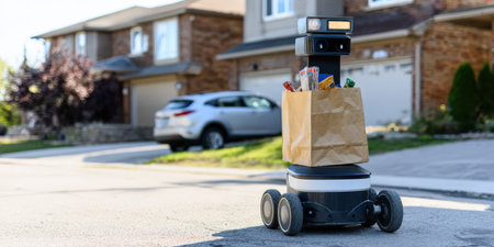 Robot delivery agent navigating a street in a suburban neighborhood, carrying a paper bag filled with groceries, representing autonomous services and future technologyの素材