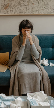 Young woman resting on a couch, bundled in a blanket and blowing her nose into a tissue, surrounded by used tissues, appearing unwell and isolated at homeの素材