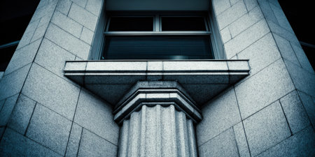 Low-angle view of a contemporary building facade emphasizing a detailed stone column and window with blinds, highlighting geometric lines, texture and urban architectural orderの素材