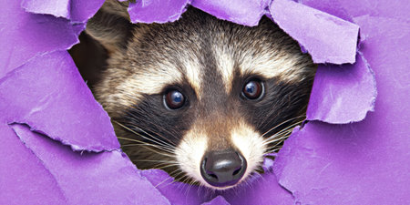 Raccoon is curiously peeking through a ragged hole in vibrant purple paper, its expressive face and dark eyes creating a sense of surprise and discoveryの素材
