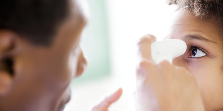 Doctor checking child's vision, performing an eye exam with an ophthalmoscope in a medical clinic, focusing on pediatric healthcare and regular optical check-upsの素材