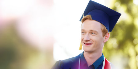 Smiling young man in graduation cap and gown celebrates academic achievement outdoors, proud graduate looking ahead to future opportunities and new beginnings with joyの素材