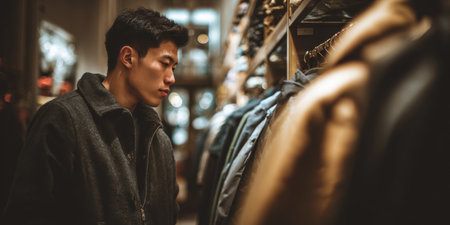 Young asian man browsing a clothing rack in a modern retail store, studying jackets with a focused, thoughtful expression as he selects new apparel and considers a purchaseの素材
